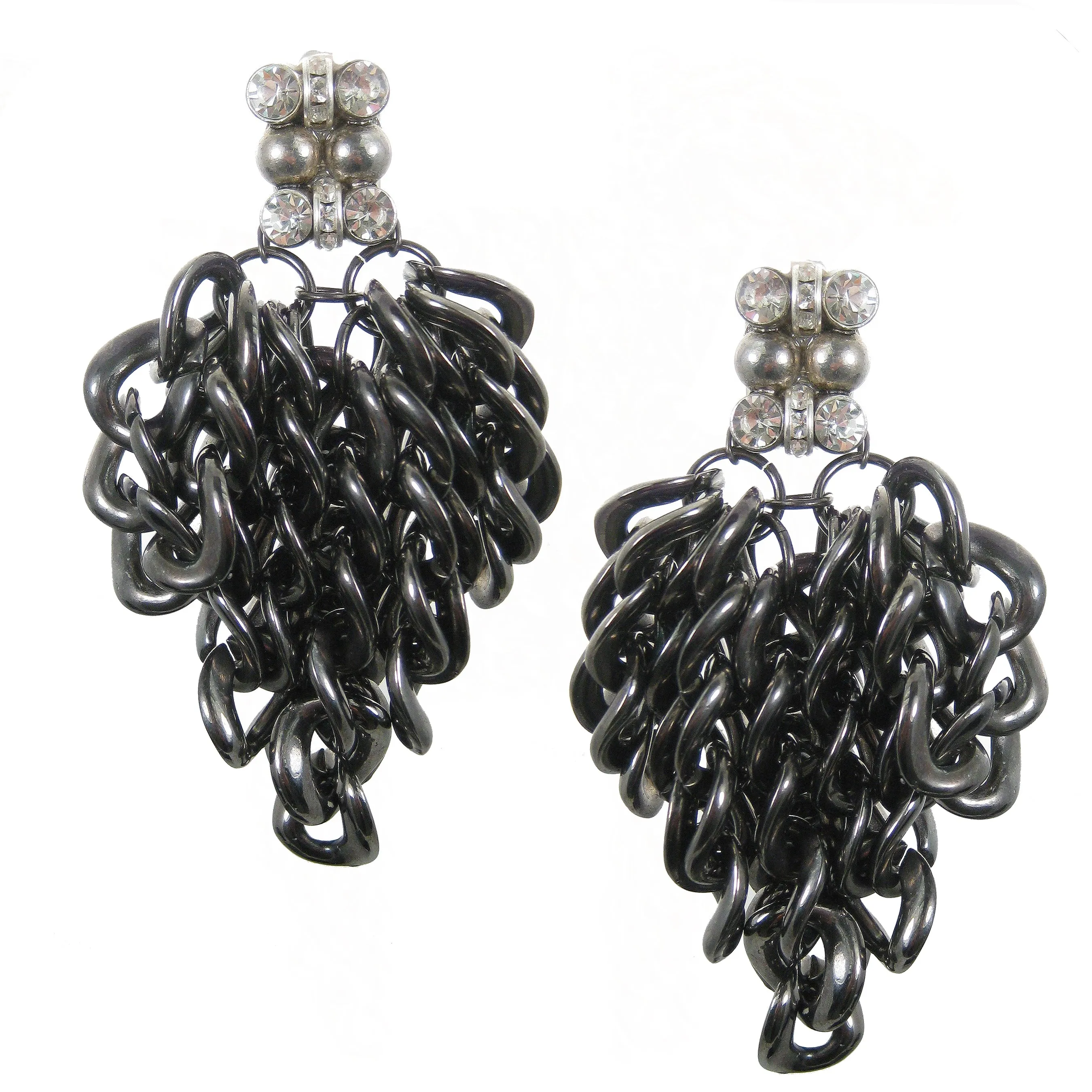 #1032e Gunmetal Tone Chain Fringed Earrings With Rhinestone