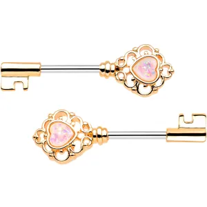 1/2 Pink Faux Opal Gold Tone Heart Key Barbell Nipple Ring Set