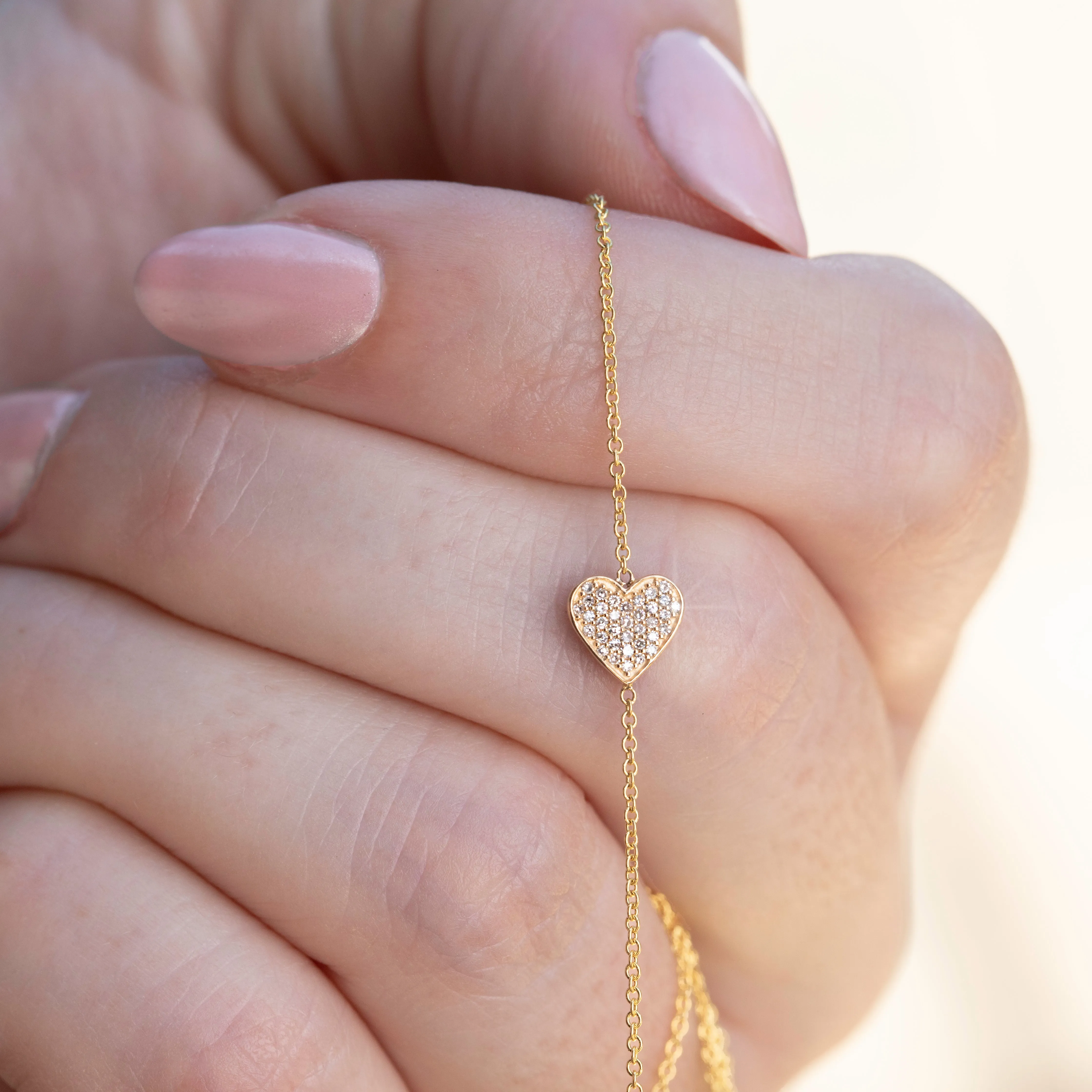 14K GOLD ASYMMETRICAL CHARM NECKLACE - Pavé Heart