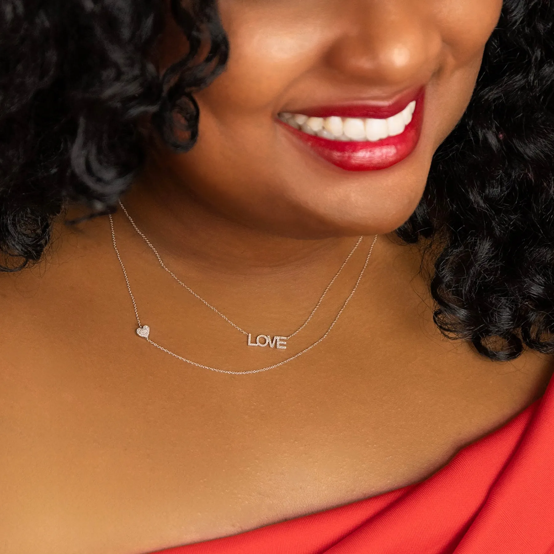 14K GOLD ASYMMETRICAL CHARM NECKLACE - Pavé Heart