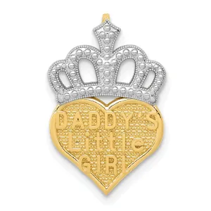 14k Yellow Gold, White Rhodium Polished Beaded Textured Finish Daddy's Little Girl Heart Shape with Crown Design Chain Slide Pendant