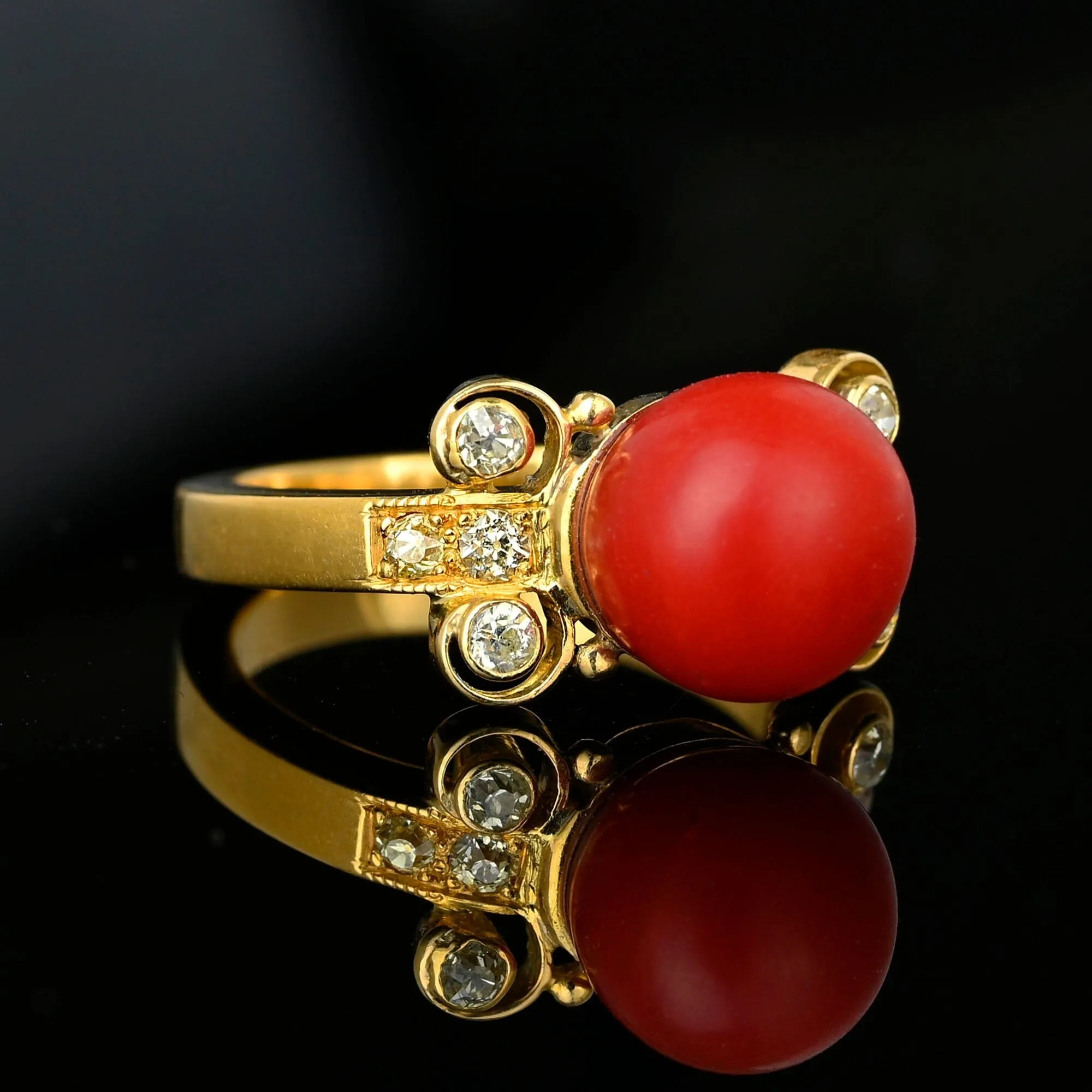 18K Gold Diamond Large Red Orange Mediterranean Coral Ring