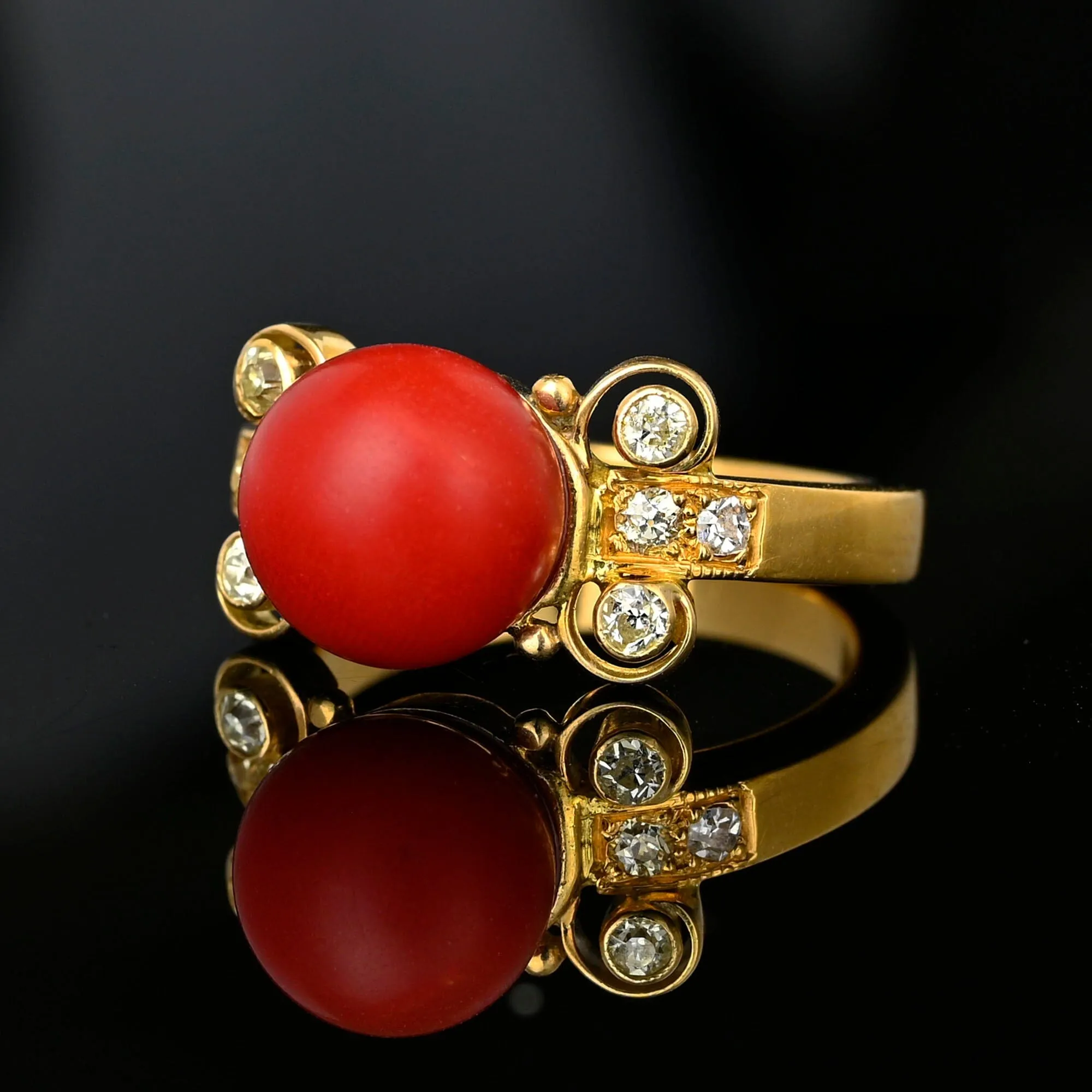 18K Gold Diamond Large Red Orange Mediterranean Coral Ring