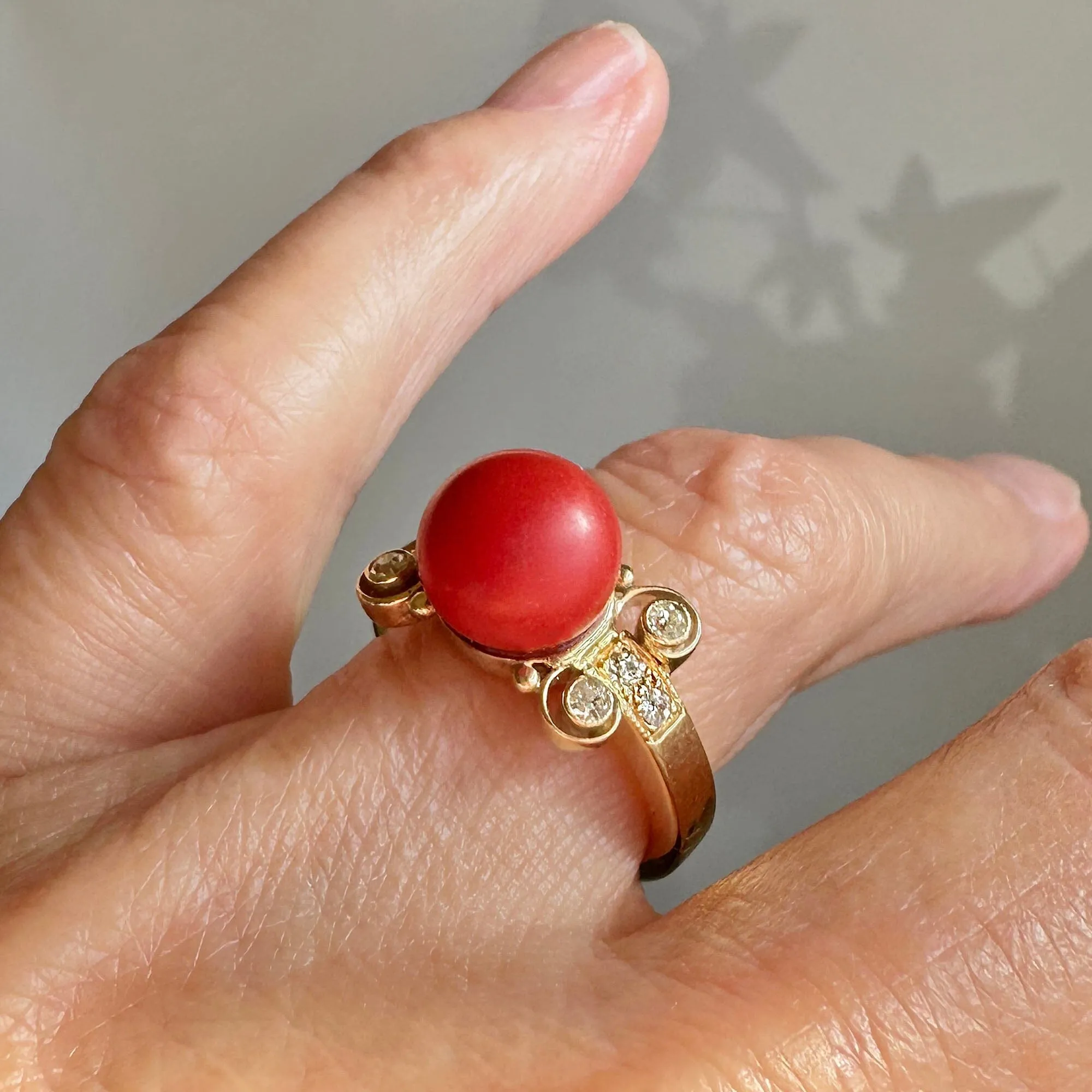 18K Gold Diamond Large Red Orange Mediterranean Coral Ring