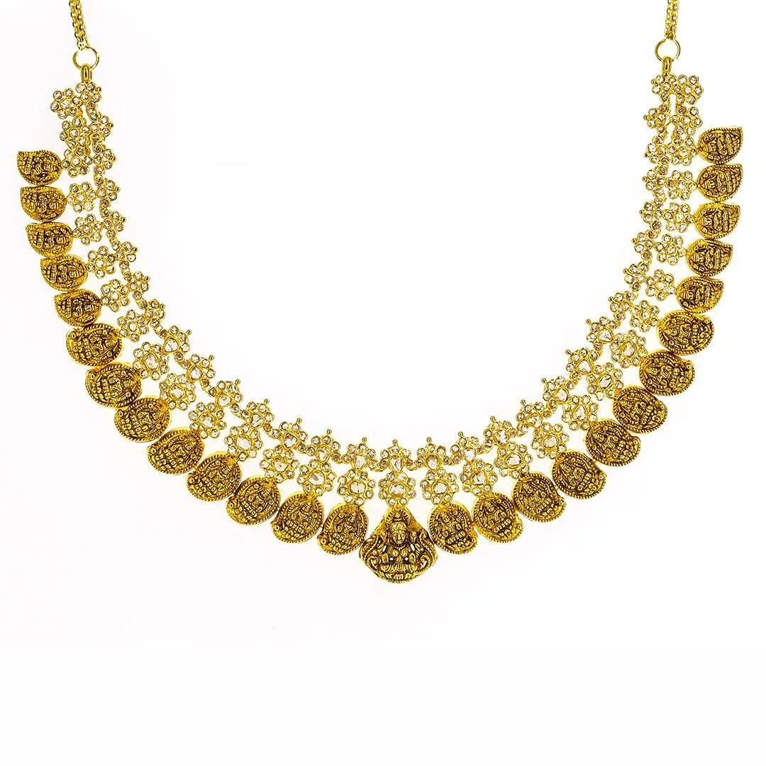 22K Yellow Gold Uncut Diamond Antique Temple Necklace Set W/ 9.39ct Uncut Diamonds & Laxmi Accents