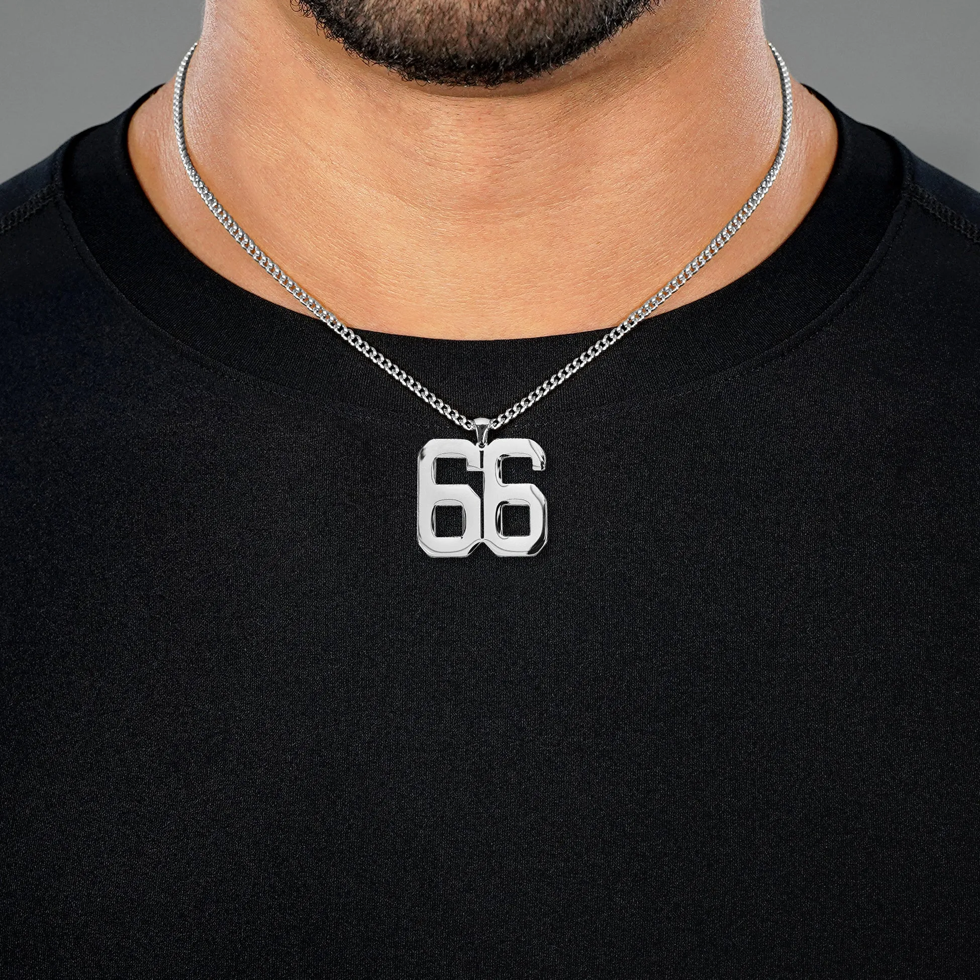 66 Number Pendant with Chain Necklace - Stainless Steel