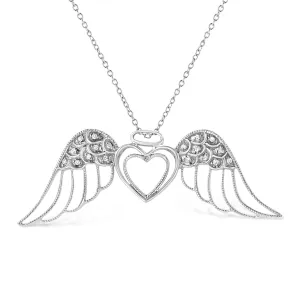 .925 Sterling Silver Pave-Set Diamond Accent Angel Wing 18" Double Heart Pendant Necklace (I-J Color, I1-I2 Clarity)