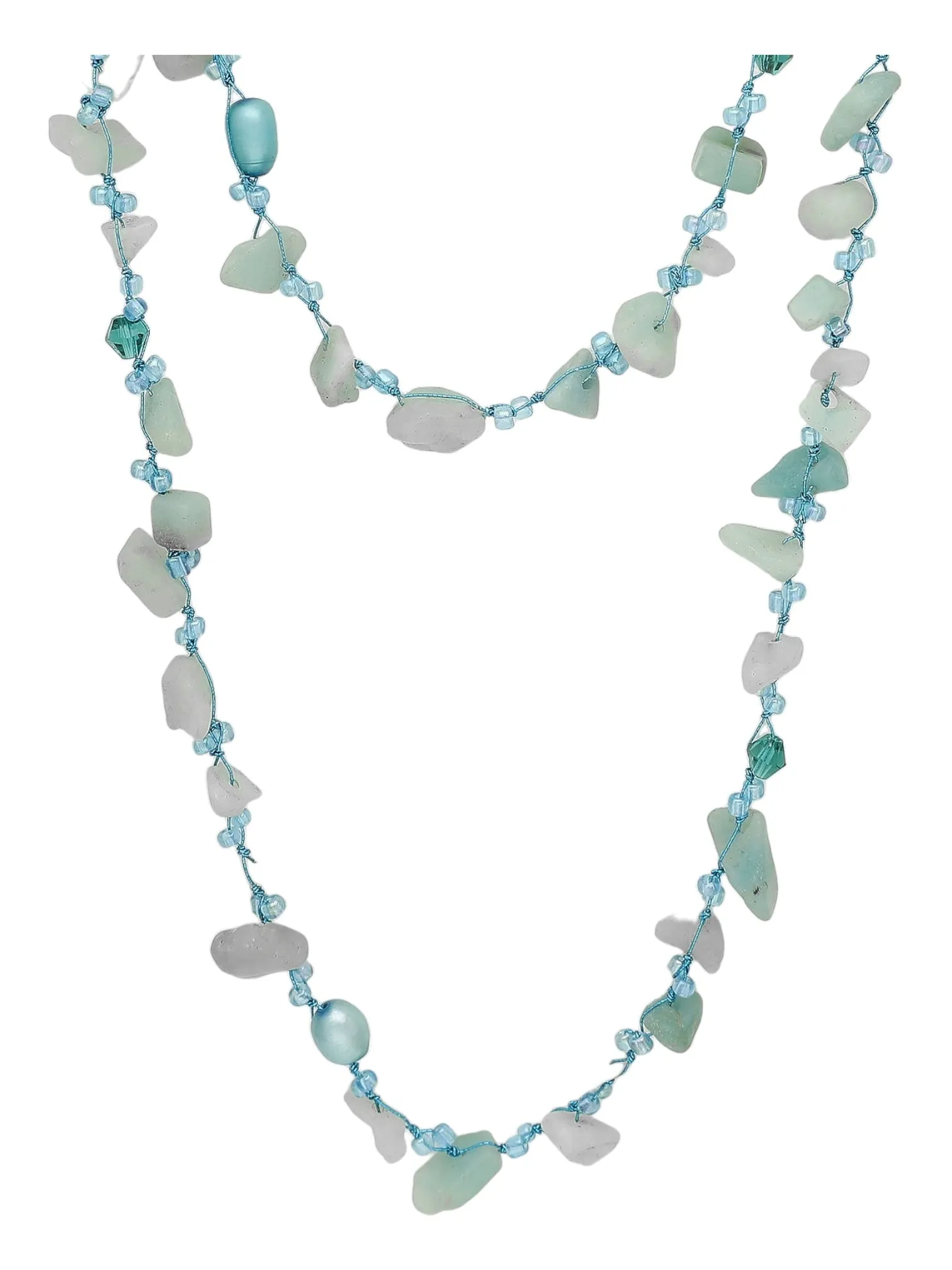 Amazonite and Freshwater Pearl Long Beaded Wrap Necklace on Japanese Silk Cord Birthstone Fine Jewelry KESLEY