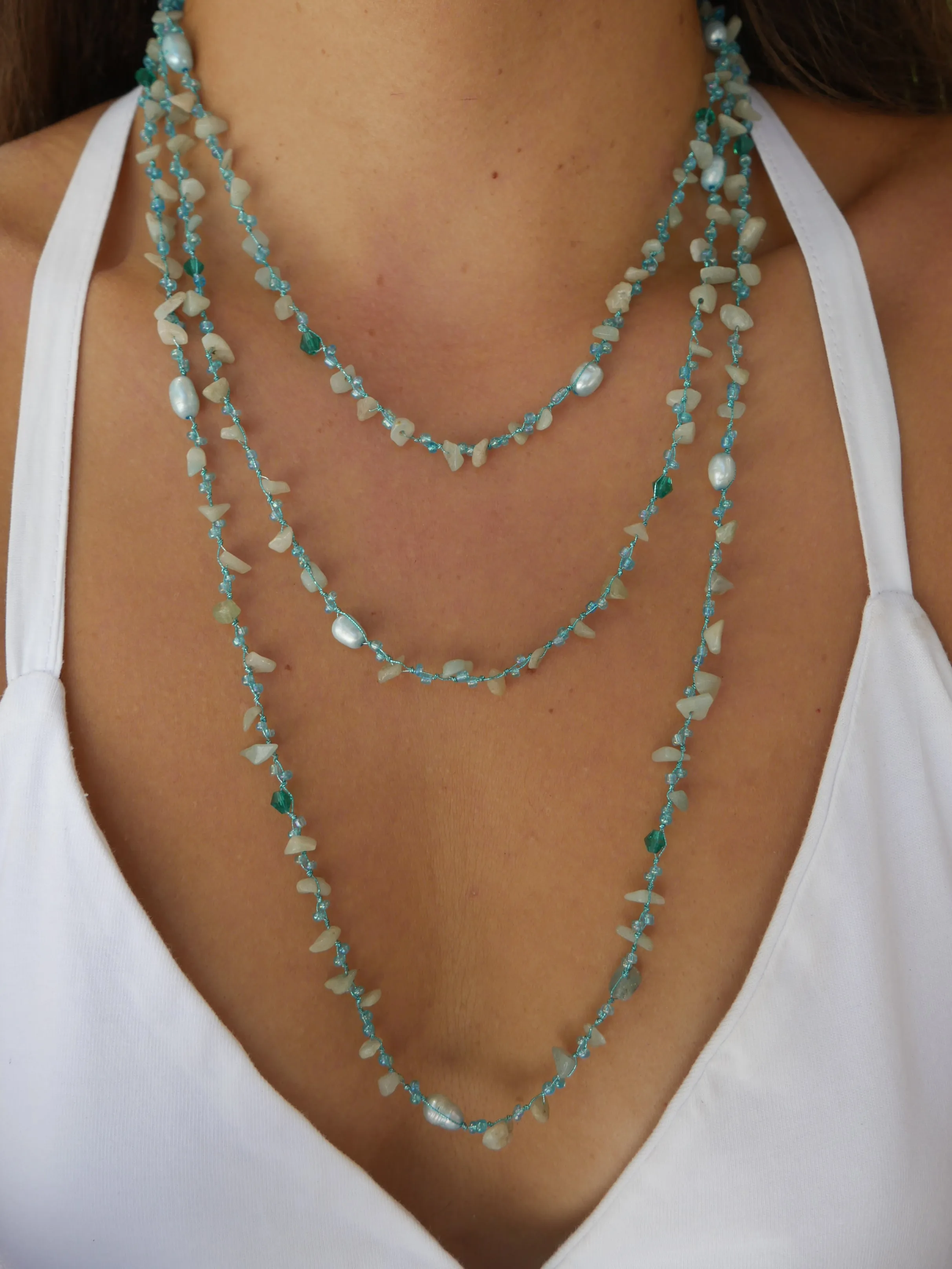 Amazonite and Freshwater Pearl Long Beaded Wrap Necklace on Japanese Silk Cord Birthstone Fine Jewelry KESLEY