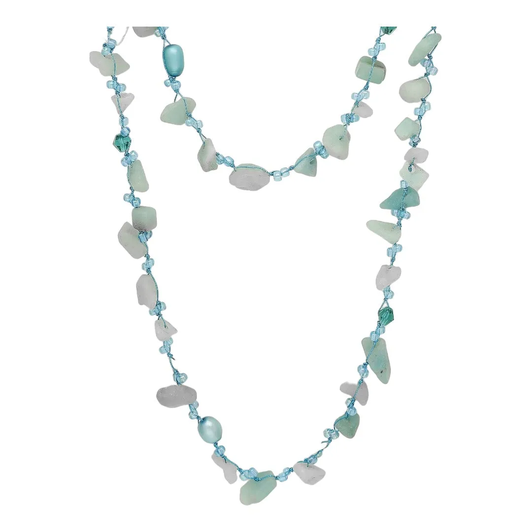 Amazonite and Freshwater Pearl Long Beaded Wrap Necklace on Japanese Silk Cord Birthstone Fine Jewelry KESLEY