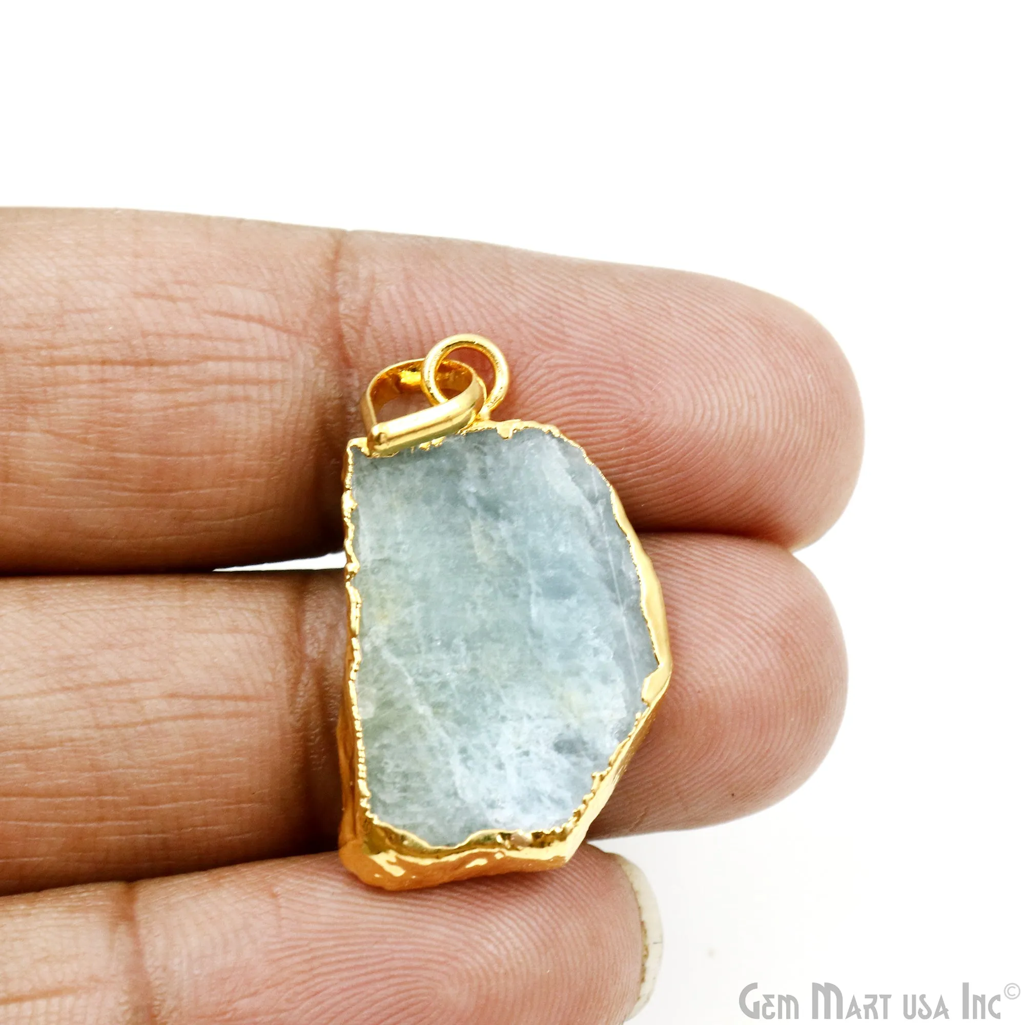 Aquamarine Free Form shape 30x18mm Gold Electroplated Gemstone Single Bail Pendant