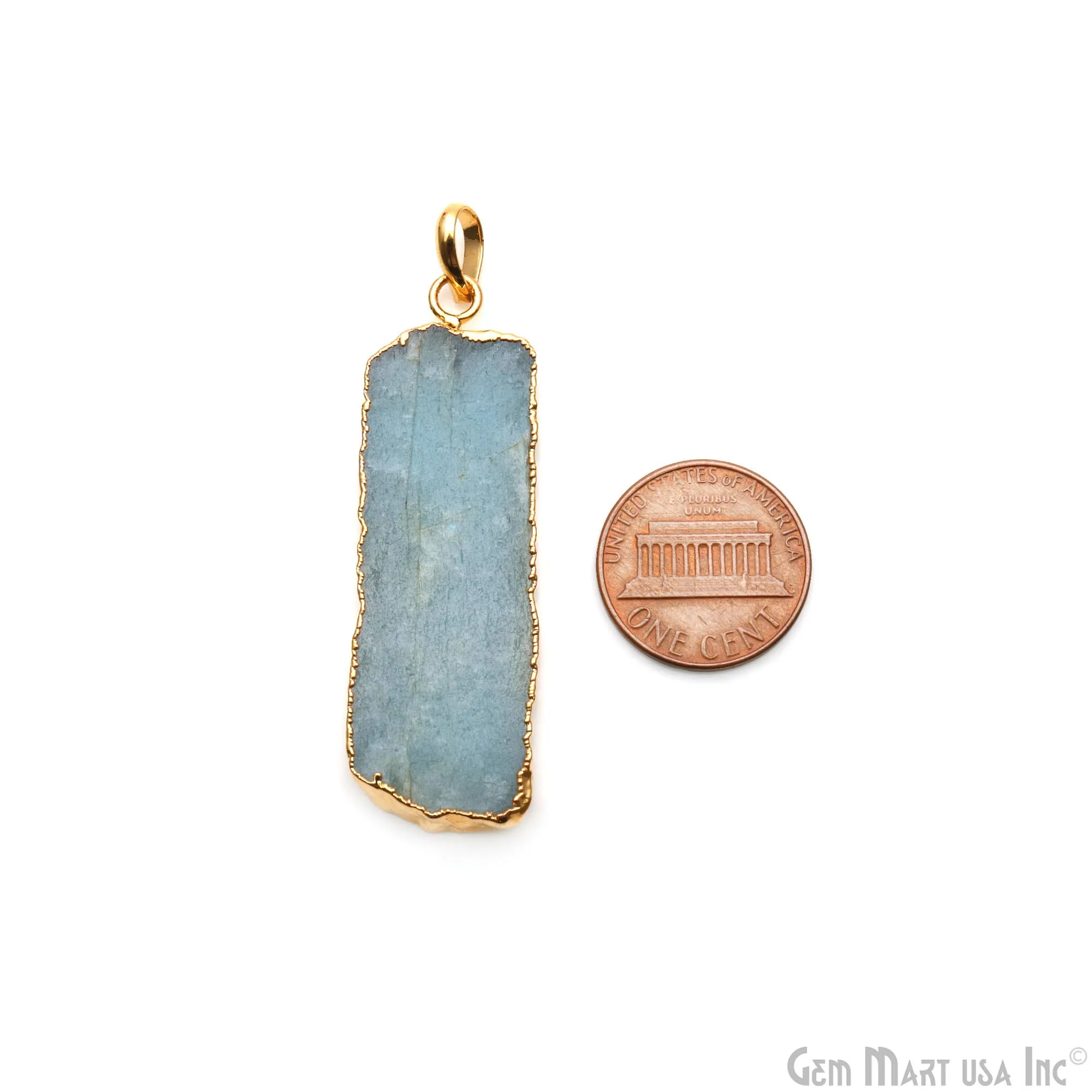 Aquamarine Free Form shape 50x15mm Gold Electroplated Gemstone Single Bail Pendant