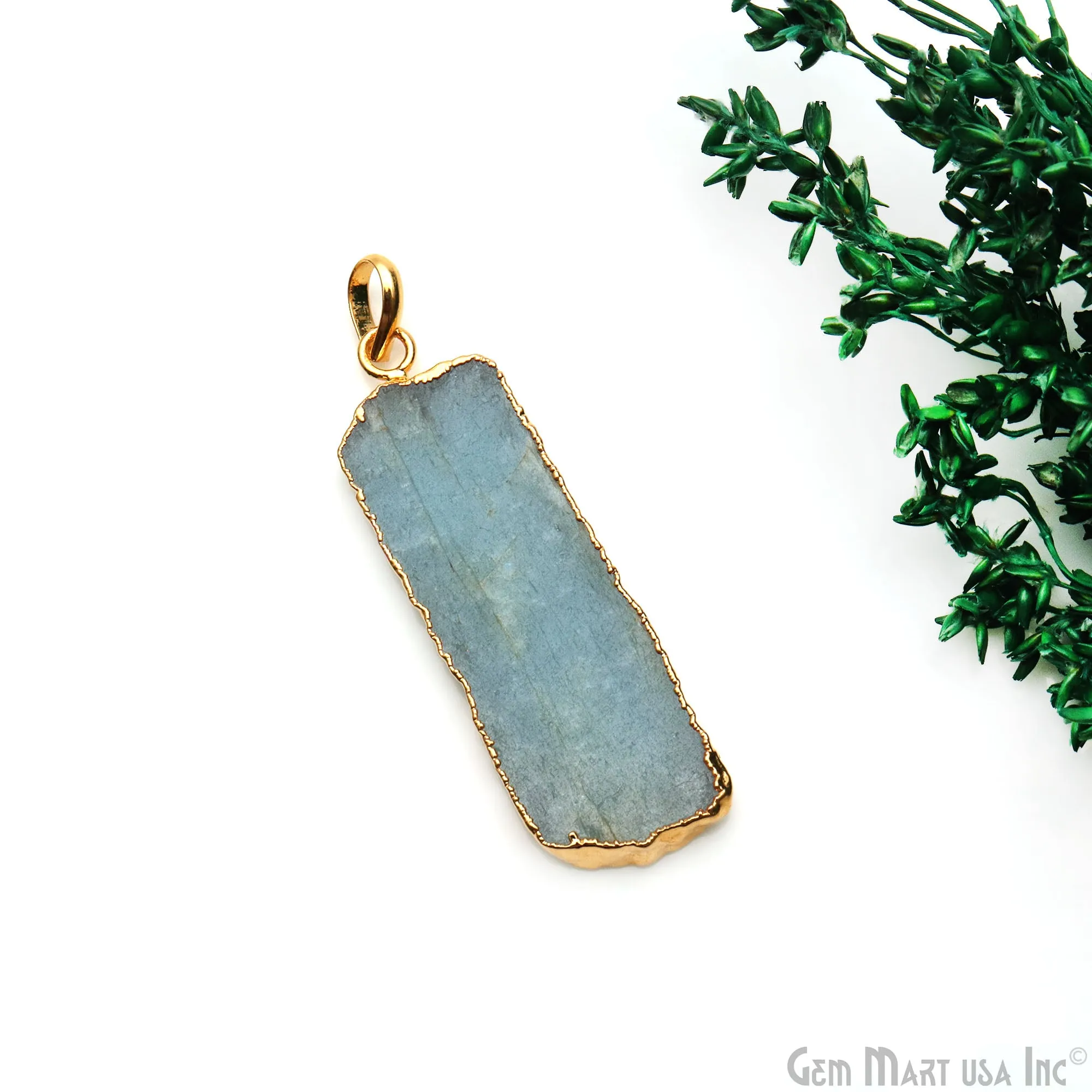 Aquamarine Free Form shape 50x15mm Gold Electroplated Gemstone Single Bail Pendant