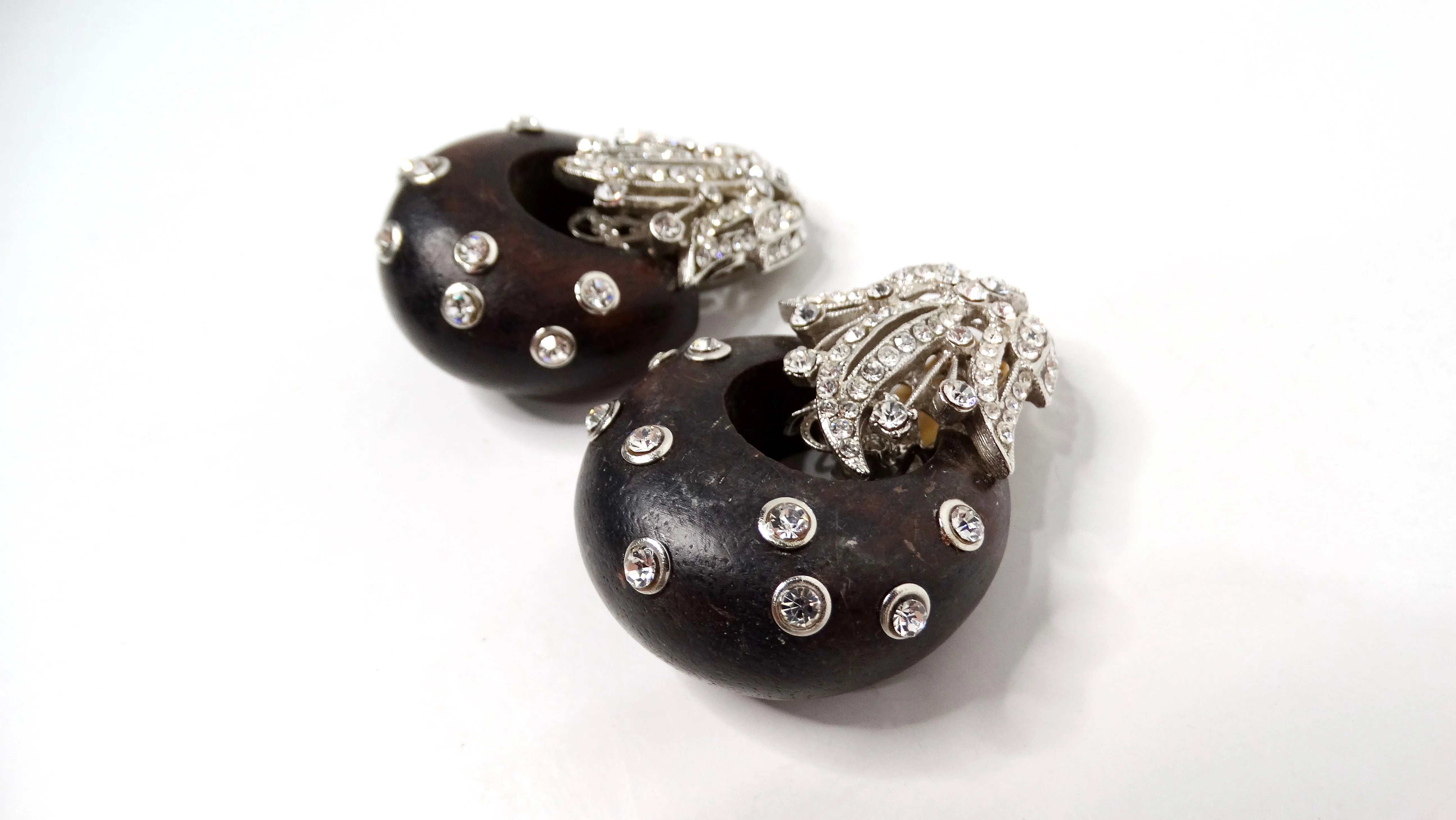 Barrera Teak Wood & Rhinestone Clip-On Statement Earrings