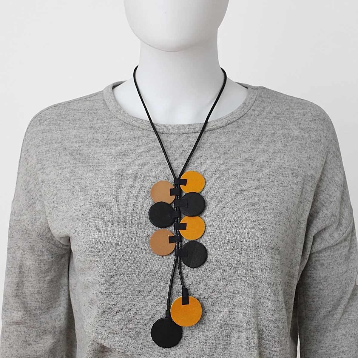 Black and Mustard Leather Arabella Pendant Necklace