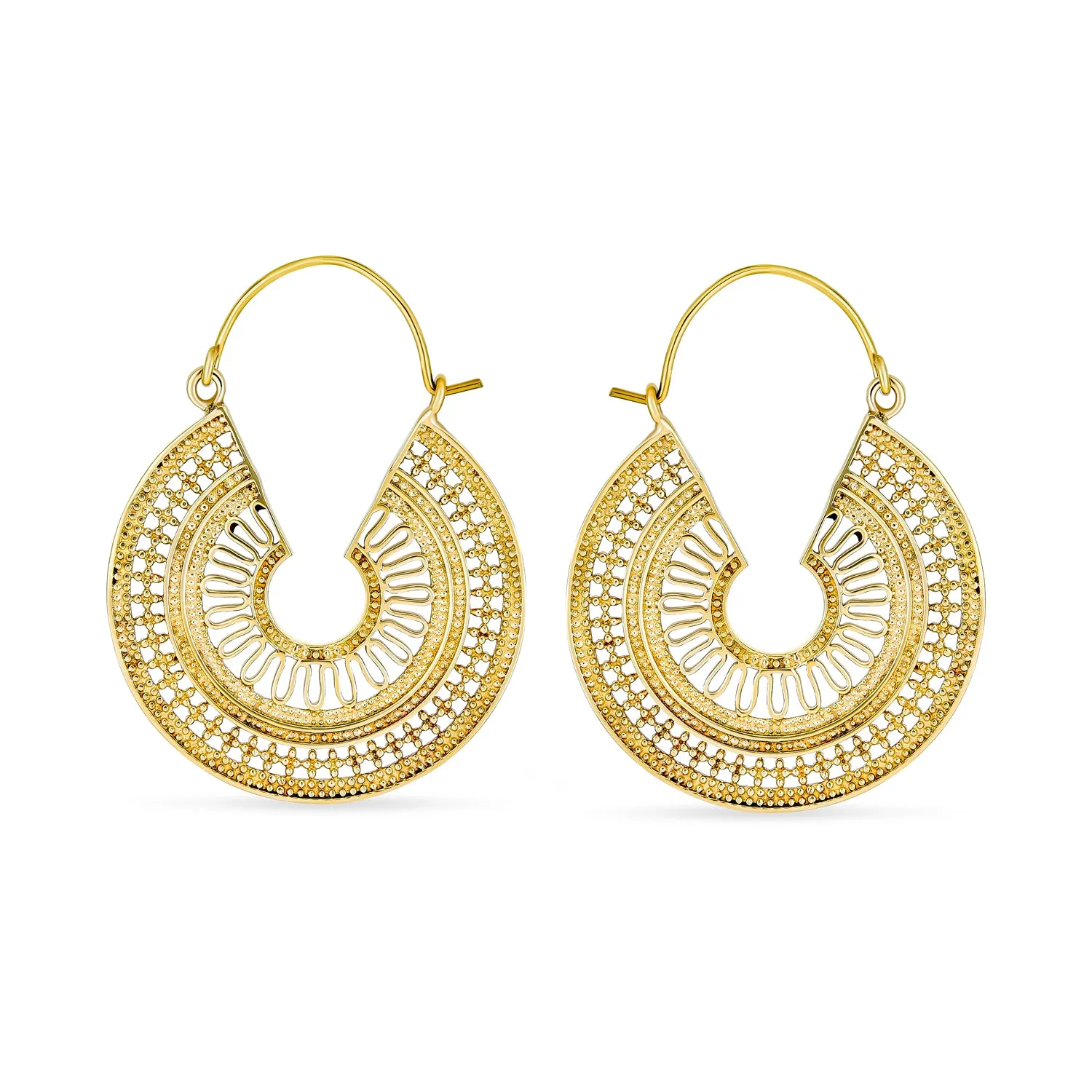 Boho Bali Style Filigree Crescent Round Hoop Earrings Gold Plated