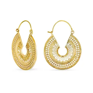 Boho Bali Style Filigree Crescent Round Hoop Earrings Gold Plated