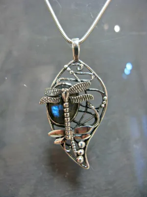 Bullrush Dragonfly Pendant in Sterling Silver with Labradorite by Madeleine Blaine