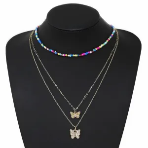 Butterfly Pendant Seed Beaded Layered Necklace