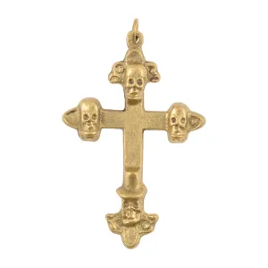 Casting Pendants-38x60mm Brass Cross With Skull Heads-Quantity 1