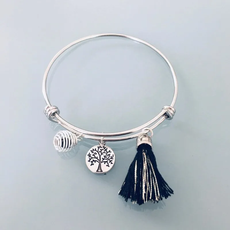 Clover Tree of Life Silver Bangle Bracelet | Pompom and a Perfume Bead | Women's Silver Bracelet