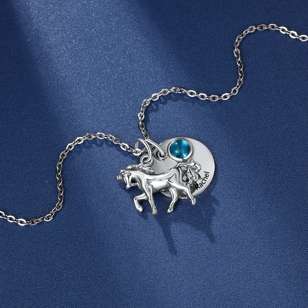 Custom Birthstone Round Horse Name Necklace