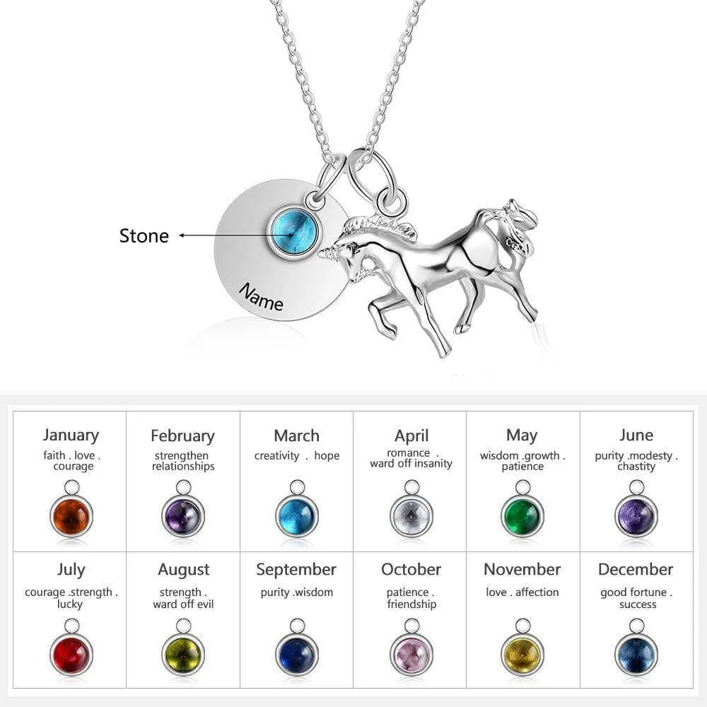 Custom Birthstone Round Horse Name Necklace