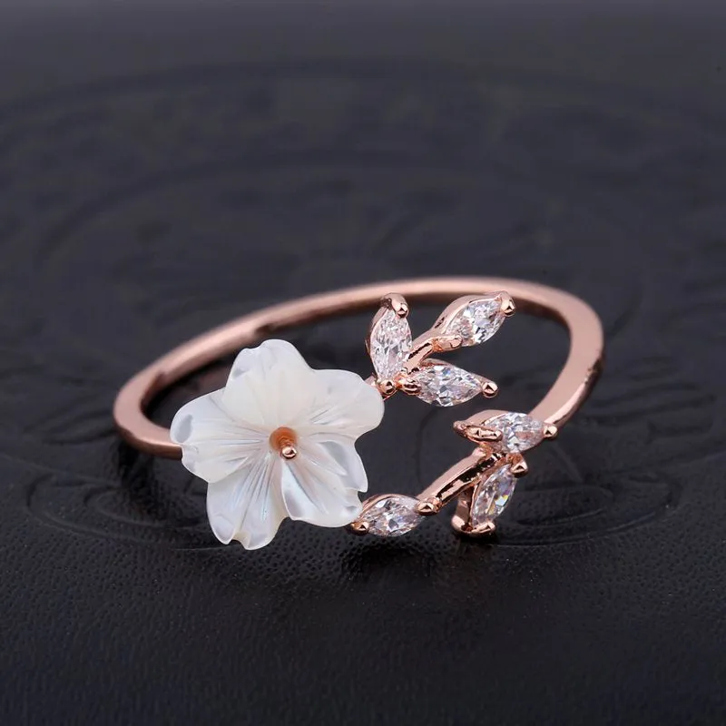 Delicate Zircon Crystal Leaf Shell Flower Ring