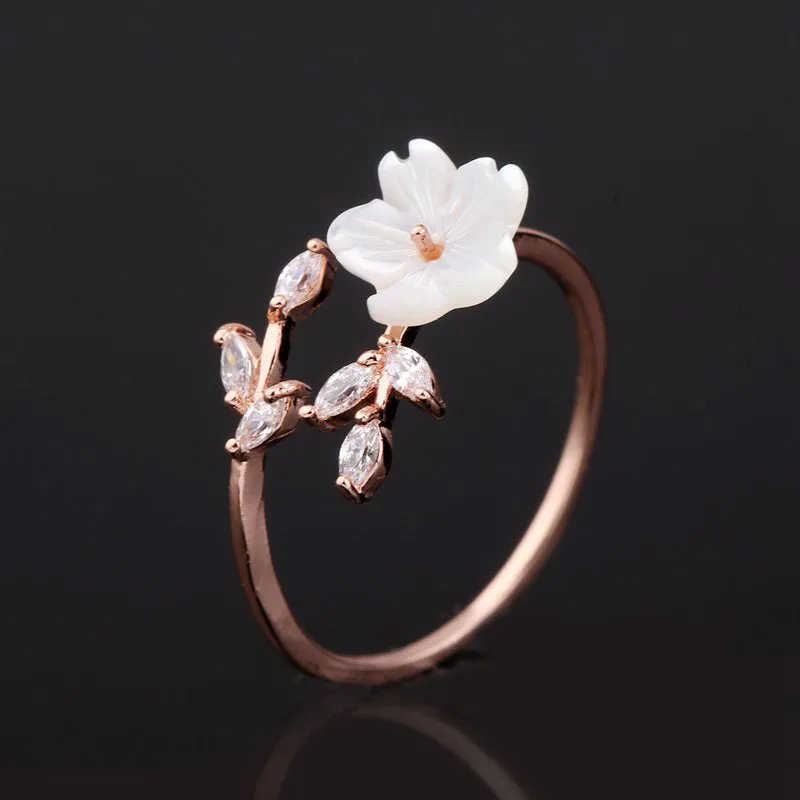 Delicate Zircon Crystal Leaf Shell Flower Ring