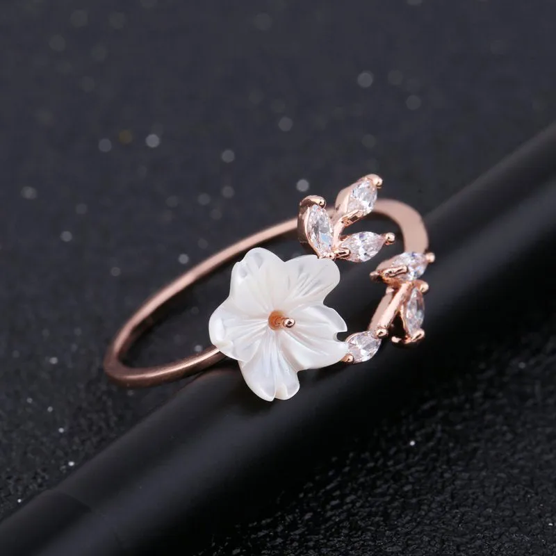 Delicate Zircon Crystal Leaf Shell Flower Ring