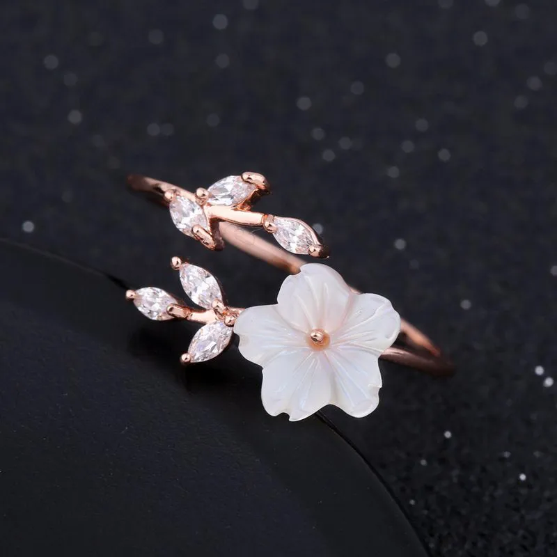 Delicate Zircon Crystal Leaf Shell Flower Ring