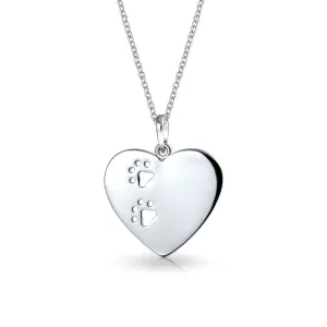 Dog Cat Paw Print Heart Pendant Necklace in Sterling Silver for Pet Lovers