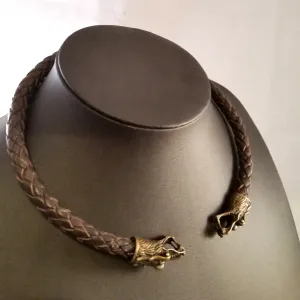 Dragon Torc Necklace Bronze Brown Leather Viking Style