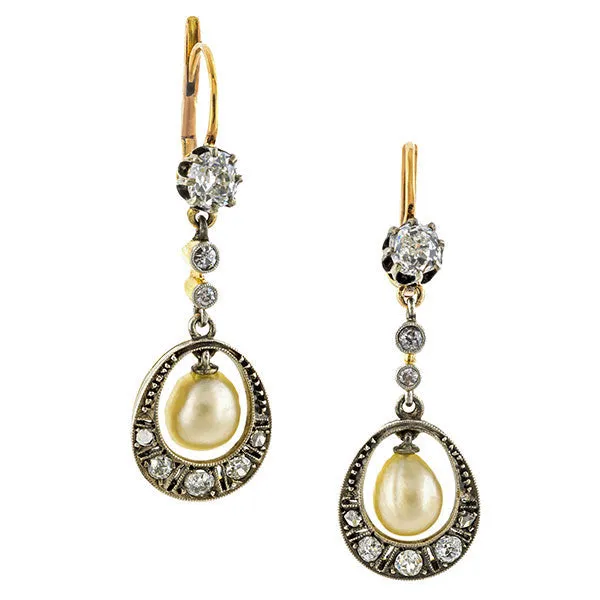 Edwardian Natural Pearl & Diamond Drop Earrings