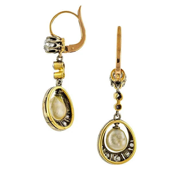 Edwardian Natural Pearl & Diamond Drop Earrings