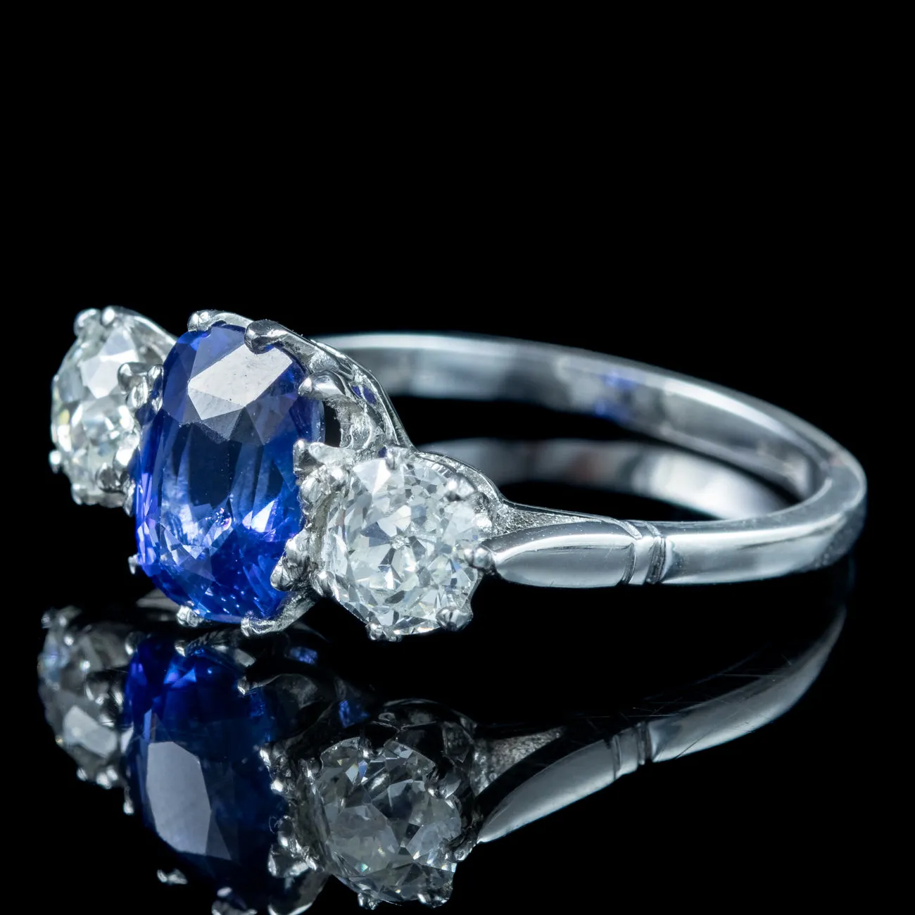 Edwardian Style Sapphire Diamond Trilogy Ring 2.7ct Sapphire