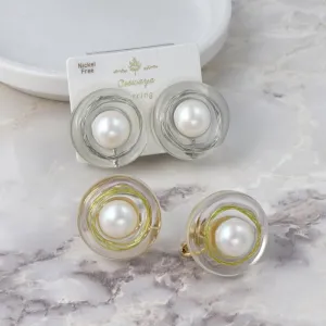 Embedded Pearl Circle Resin Clip Ons