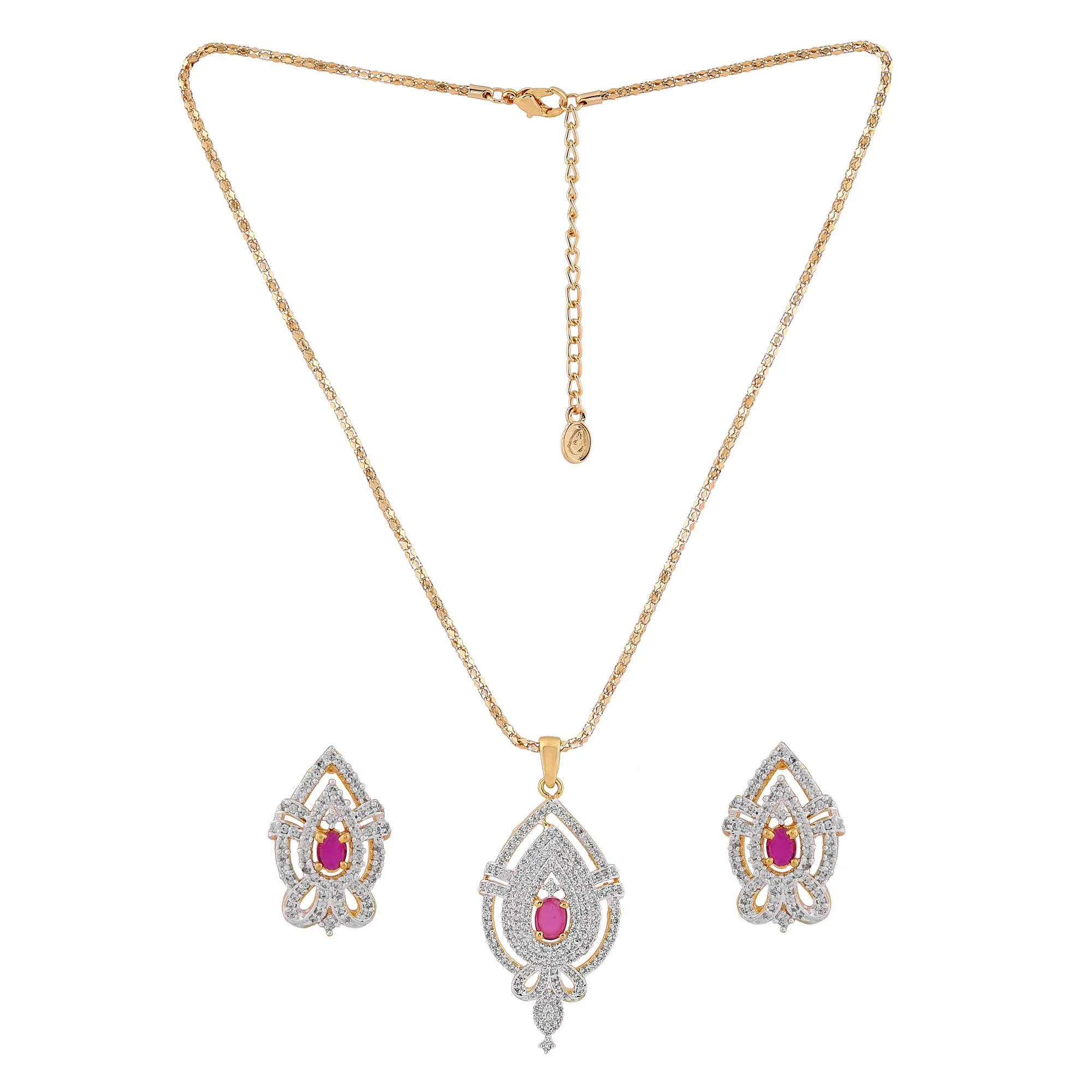 Estele 24 Kt Gold Plated American Diamond Flower and Leaf Pendant Set with Ruby Stones for Women / Girls