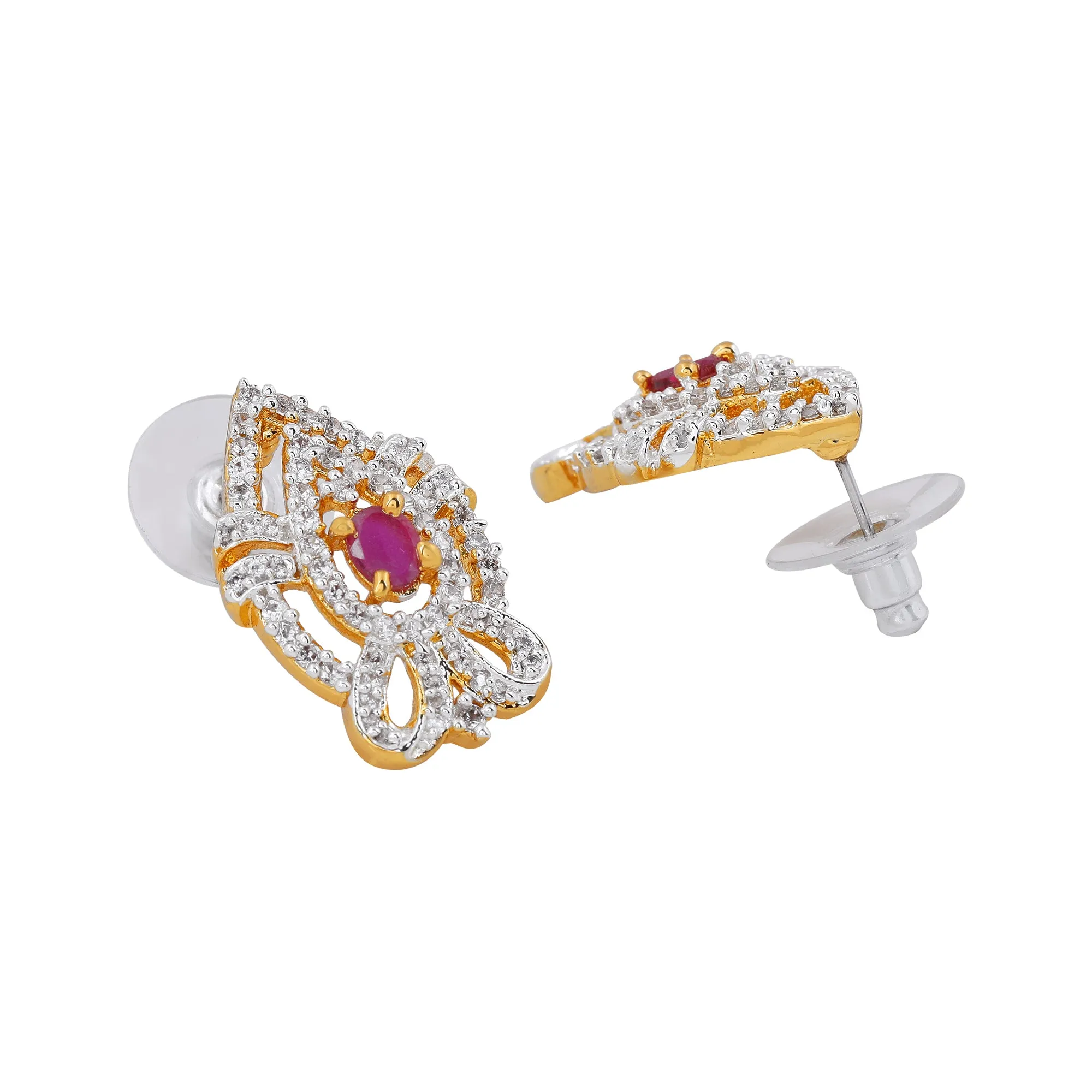 Estele 24 Kt Gold Plated American Diamond Flower and Leaf Pendant Set with Ruby Stones for Women / Girls