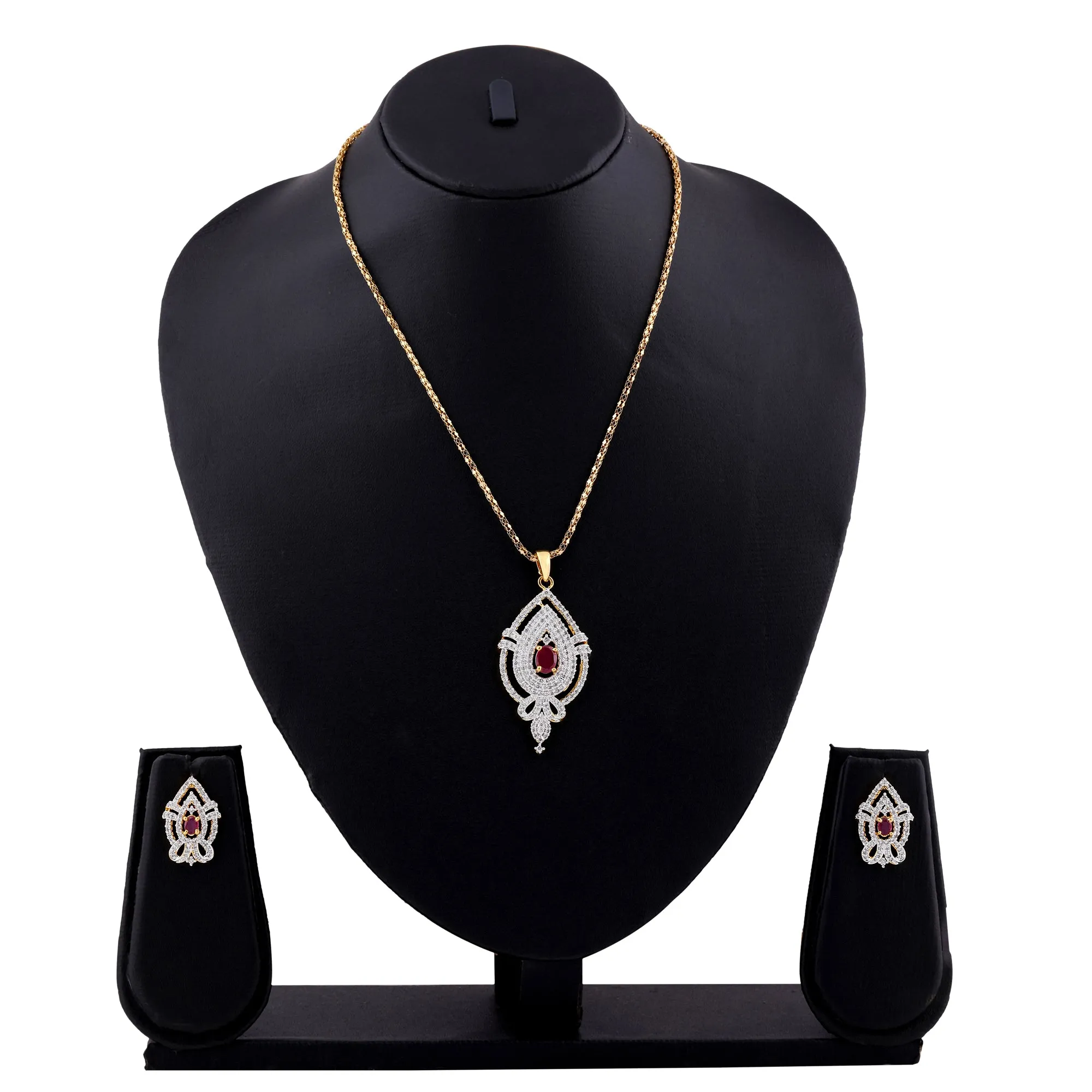 Estele 24 Kt Gold Plated American Diamond Flower and Leaf Pendant Set with Ruby Stones for Women / Girls