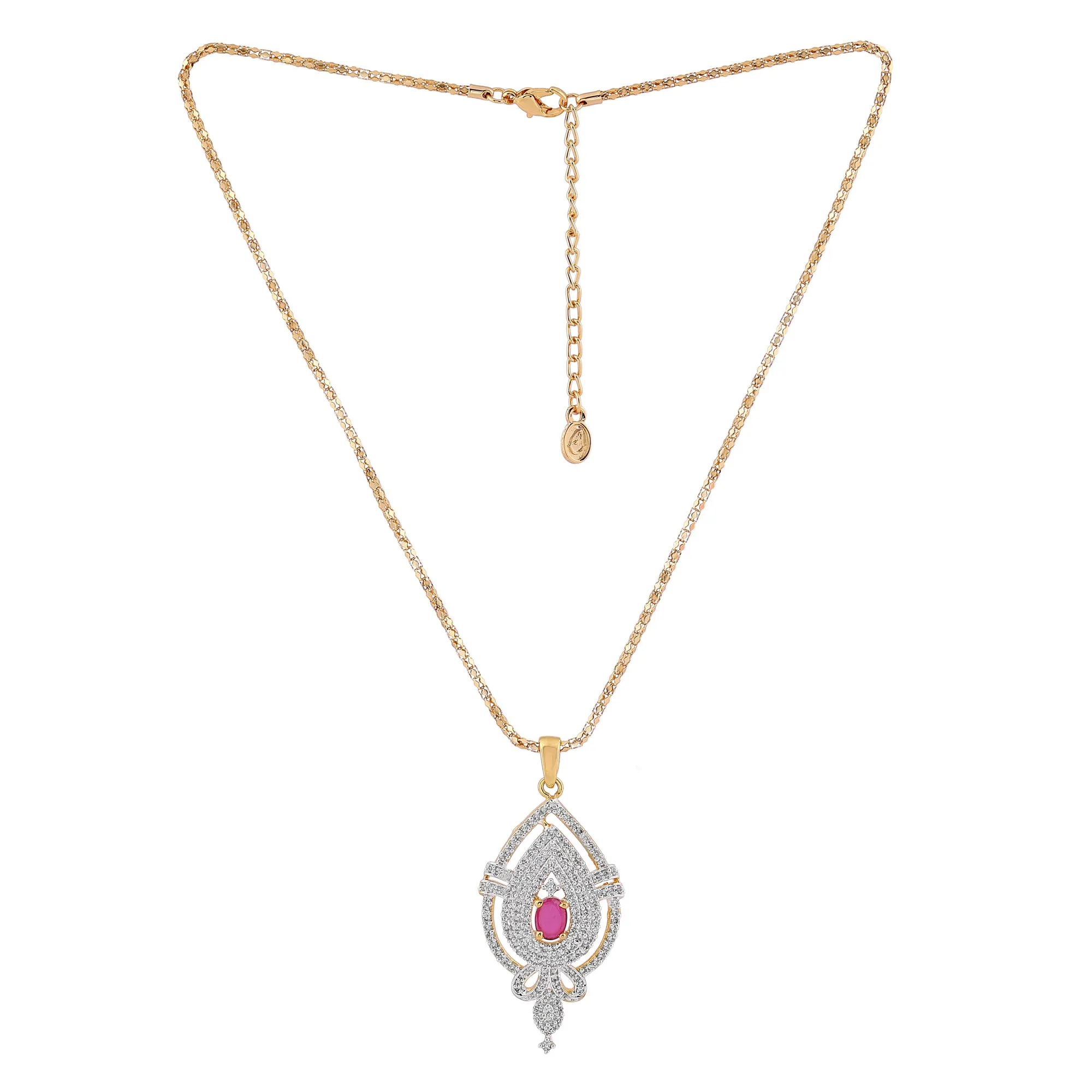 Estele 24 Kt Gold Plated American Diamond Flower and Leaf Pendant Set with Ruby Stones for Women / Girls