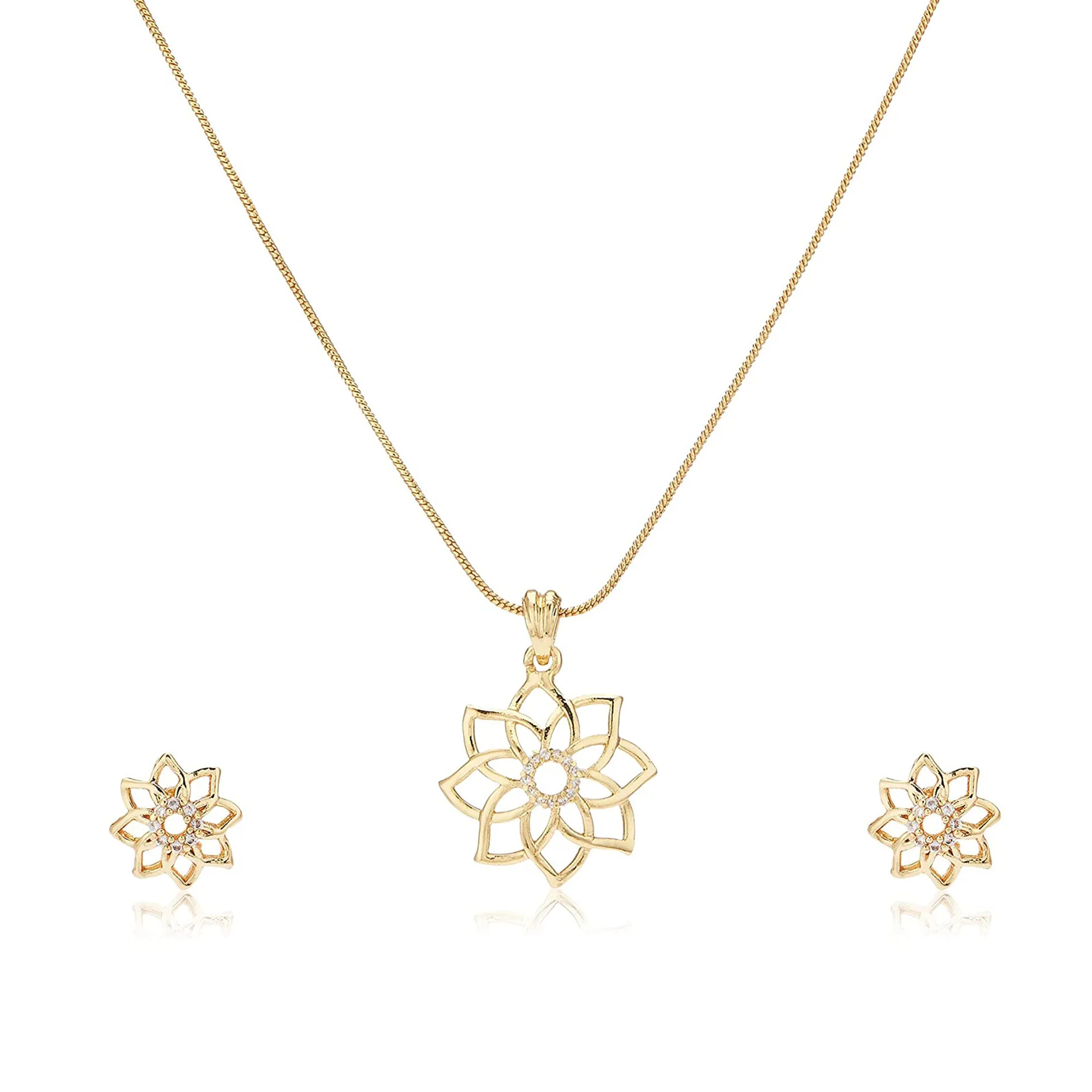 Estele Gold Plated CZ Flower Shaped Pendant Set for Women