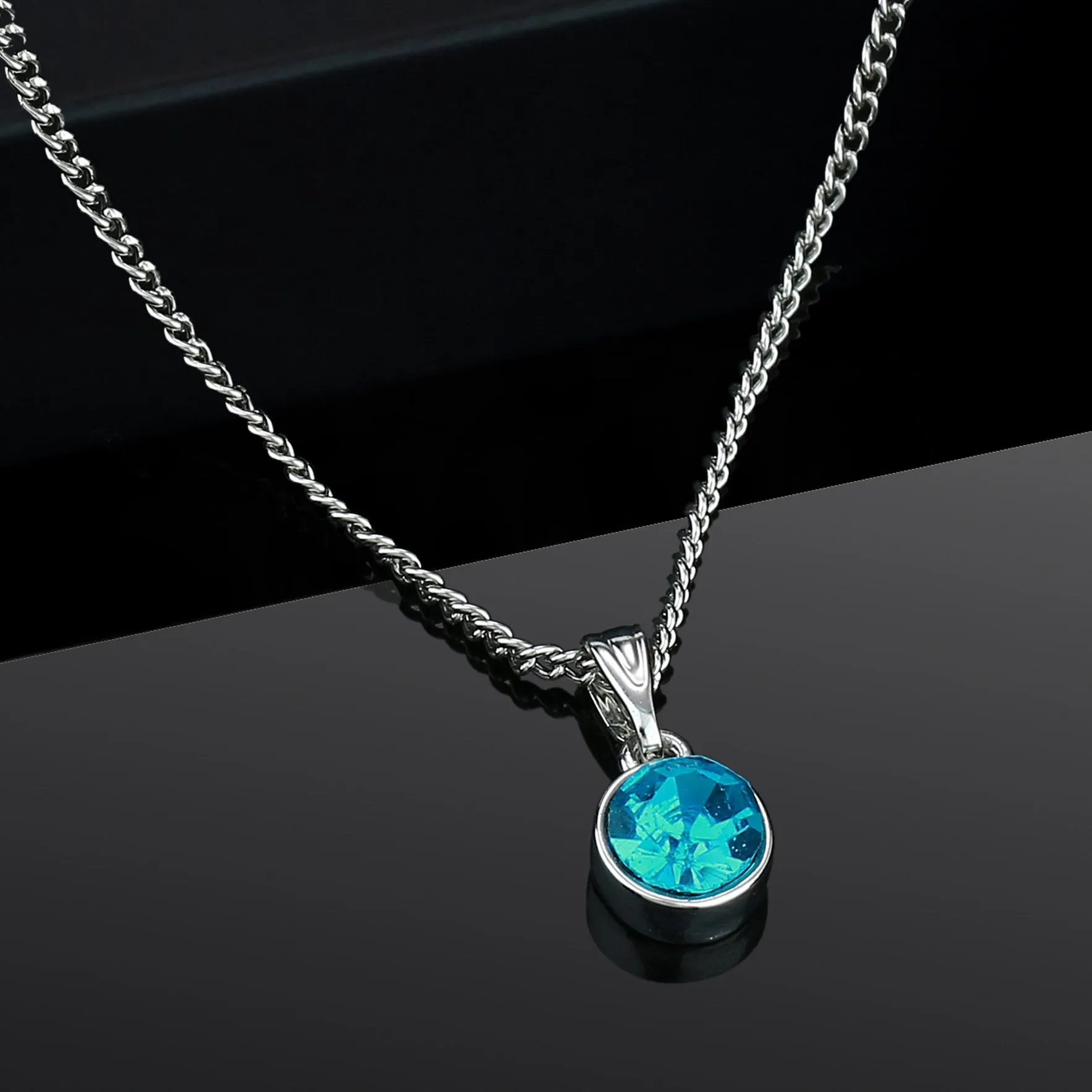 Estele Rhodium Plated Solitaire Aquamarine Crystal Pendant Necklace with Chain for Women / Girls