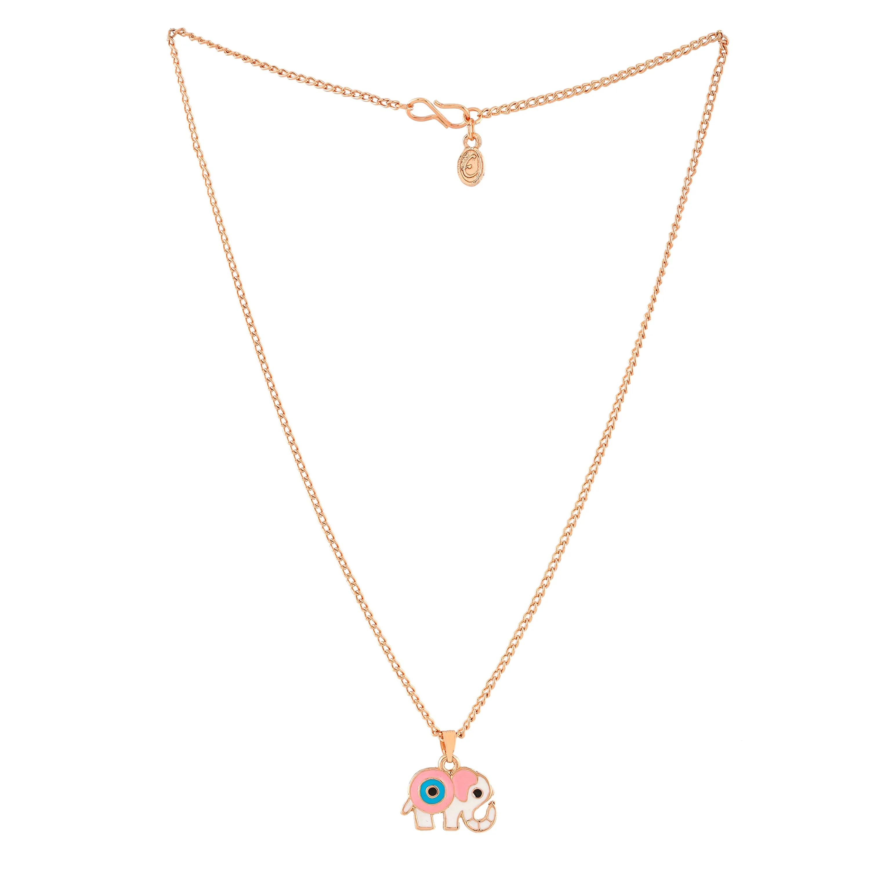 Estele Rose Gold Plated Elephant Designer Evil Eye Charm Pendant with Pink & tourquise Blue Enamel for Girls/Women