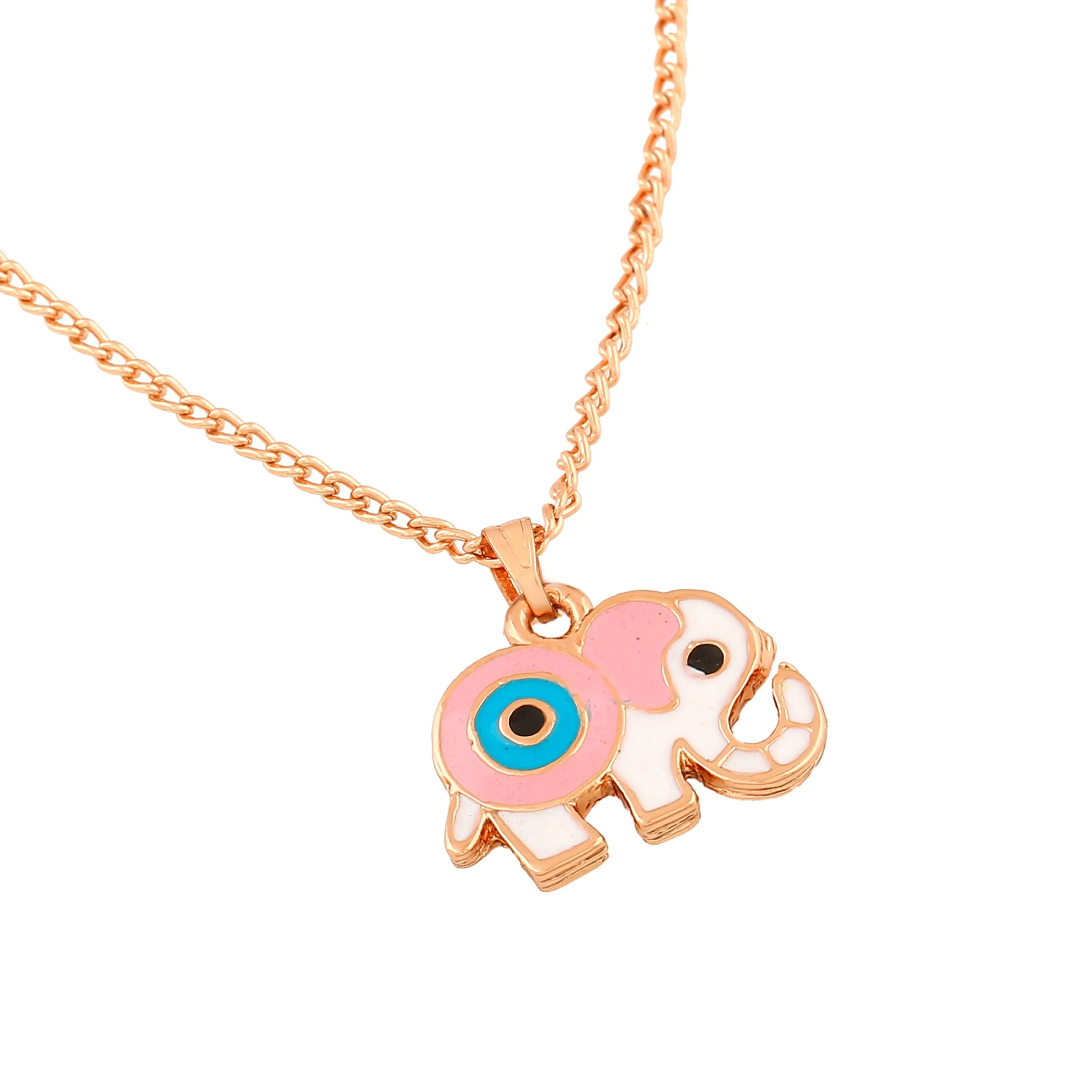 Estele Rose Gold Plated Elephant Designer Evil Eye Charm Pendant with Pink & tourquise Blue Enamel for Girls/Women