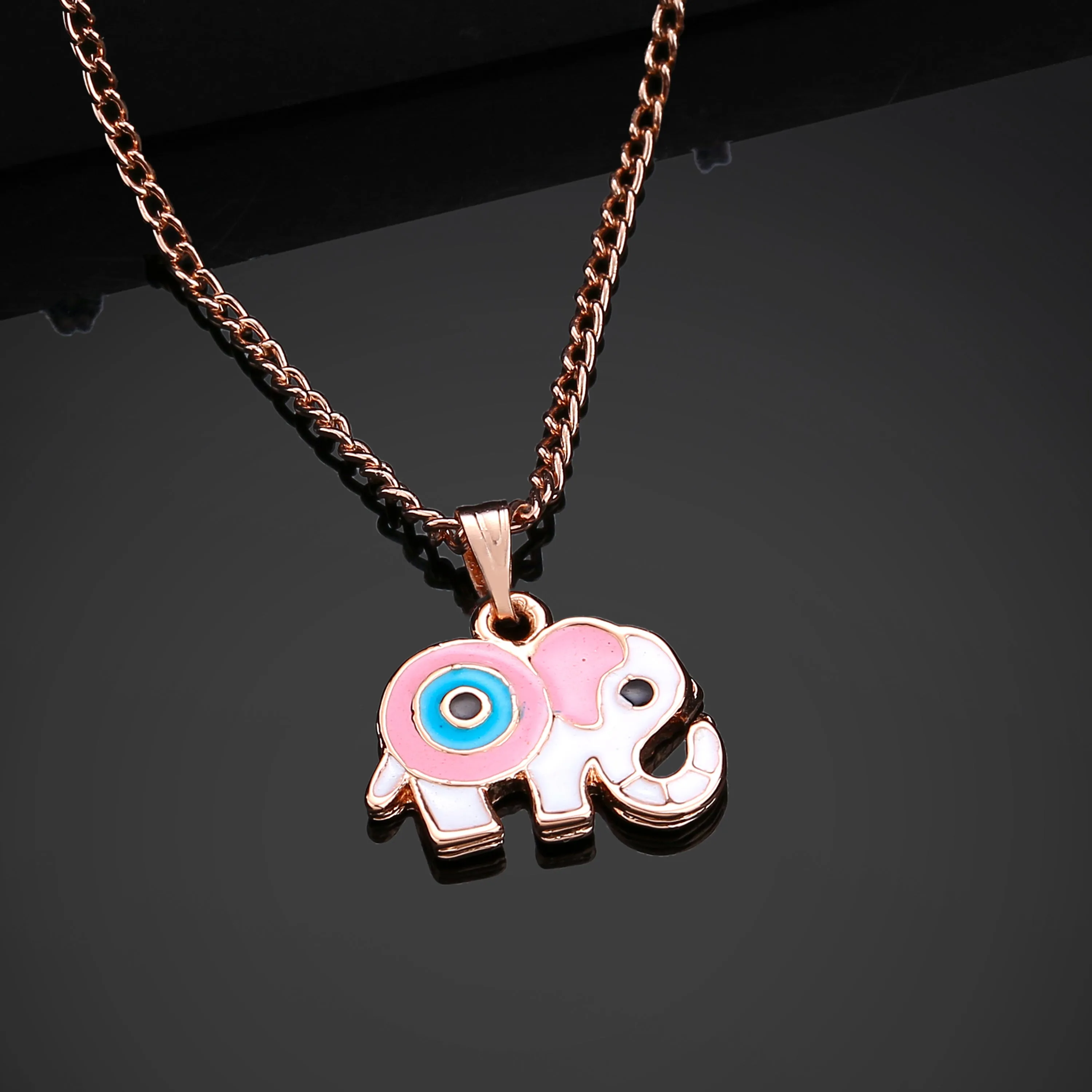 Estele Rose Gold Plated Elephant Designer Evil Eye Charm Pendant with Pink & tourquise Blue Enamel for Girls/Women