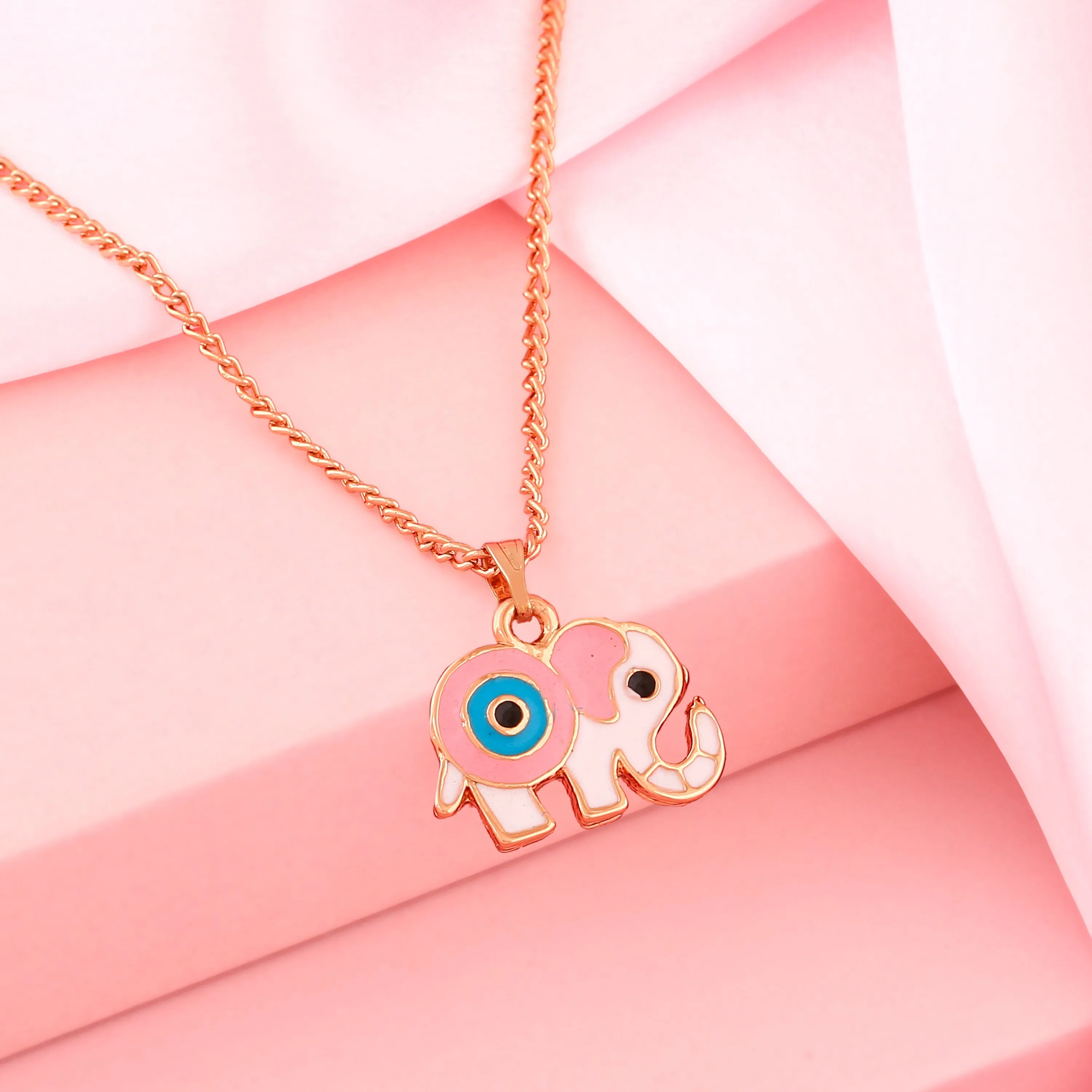 Estele Rose Gold Plated Elephant Designer Evil Eye Charm Pendant with Pink & tourquise Blue Enamel for Girls/Women