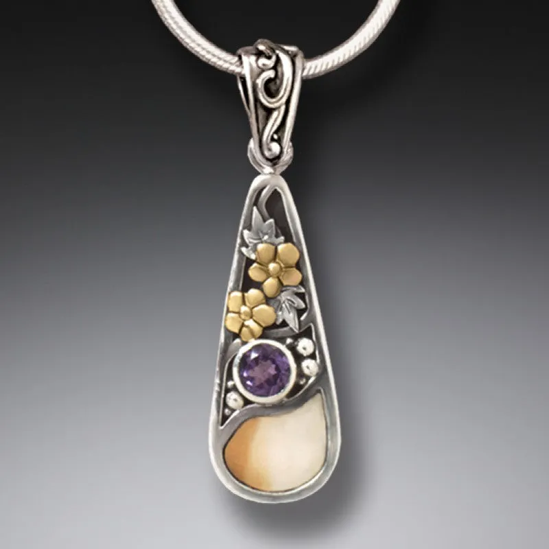 FOSSILIZED WALRUS TUSK SILVER TEARDROP NECKLACE, 14KT GOLD FILL AND AMETHYST - FIRST RAIN