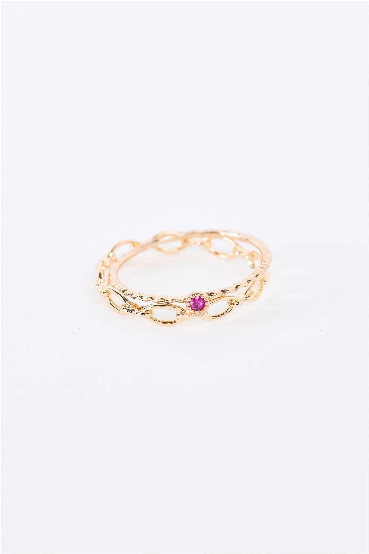 Gold Delicate Chain Link Pink Gemstone 2 Ring Set