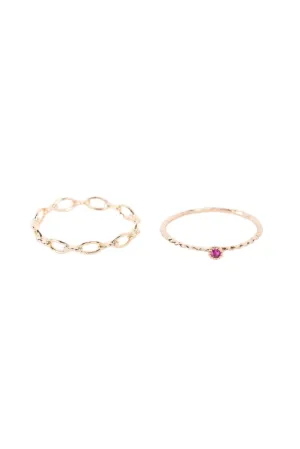 Gold Delicate Chain Link Pink Gemstone 2 Ring Set